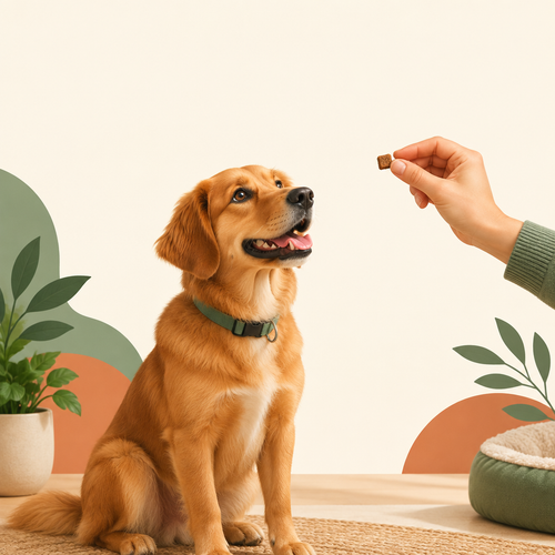 Ilustração de cão sentado junto a mão com recompensa, em fundo claro, para capa de ebook de treino positivo